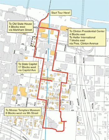 A map of downtown Little Rock showing the route to take for the Political History Audio Tour.